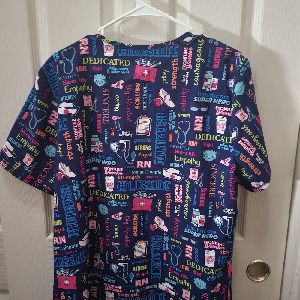 Cherokee Medical Uniforms Graphic Top - Blue and Pink